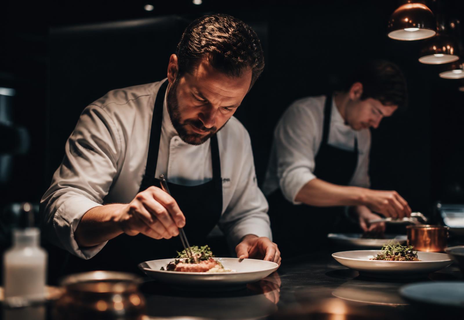 Chefs plating dishes at the pass in a fine-dining kitchen